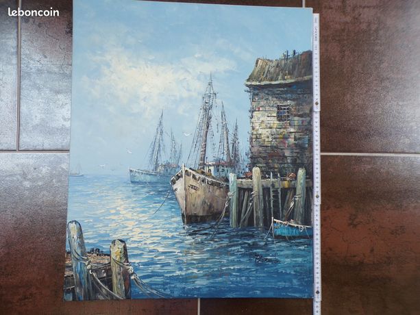 Tableau gouache sur toile au couteau signé Florence - Vue de port 50 x 60 cm