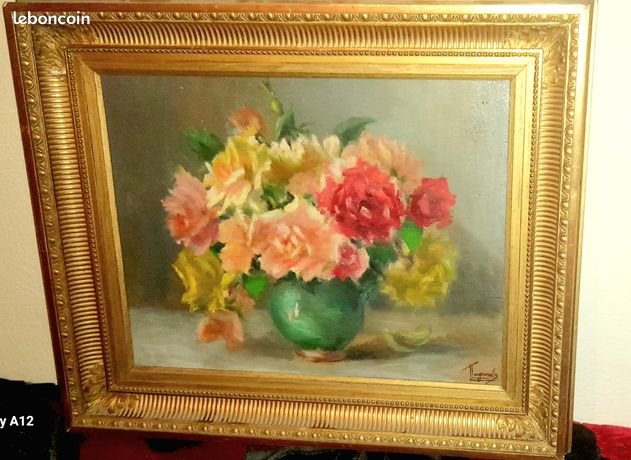 Tableau ancien.peinture florale sur panneau bois
