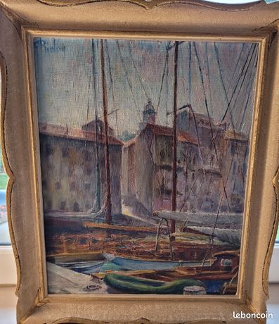 Ancien tableau sur le port de Saint-Tropez avec signature de l’artiste