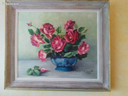 Tableau motif vase et fleur roses signé