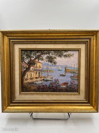🖼️ Tableau ancien – Port méditerranéen, bateaux & maisons – Huile sur toile encadrée
