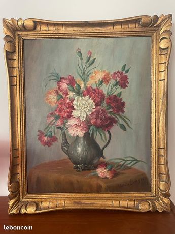 Tableau peinture ancien vintage XXeme siècle Bouquet de Fleurs Victoria Lapeyre