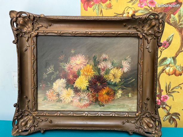 Tableau ancien HST fleurs signe RE