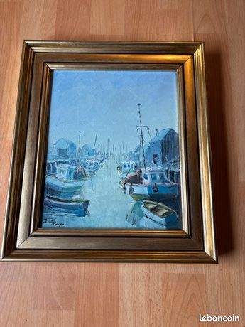 Charmant tableau de Petit Roger (1948-) Vue d’un port