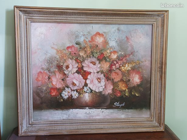 (BP-TAB01) Toile peinture à l’huile signée Stemple – composition florale – TBEG