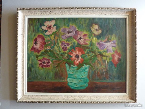 Tableau ancienne peinture-originale- encadrée "Bouquet anémones au vase bleu"