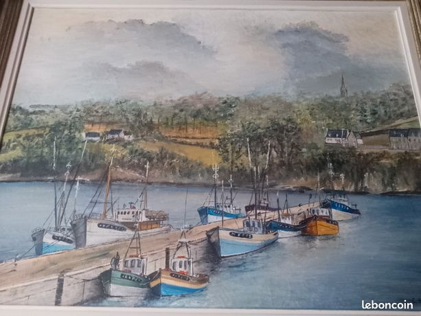Grand tableau peinture a l'huile signé C.H. Lony original port breton Marine