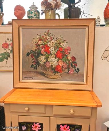 Ancien tableau huile sur toile composition de fleurs
