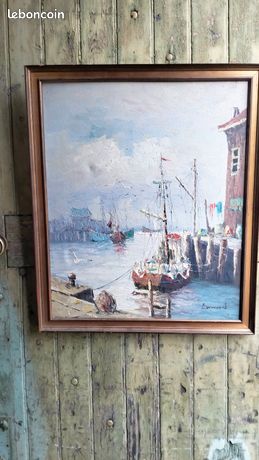 Tableau marine pêche huile sur toile signée vintage
