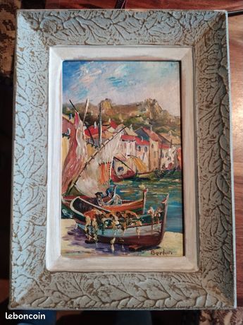 Huile sur Bois originale Berluti Bateau au port vintage 60