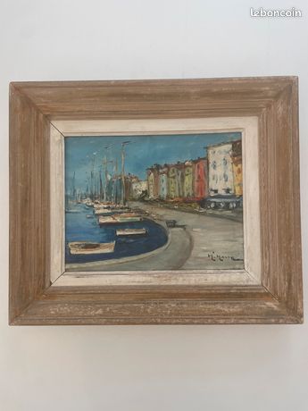 Huile sur toile signée - « Vu sur port »