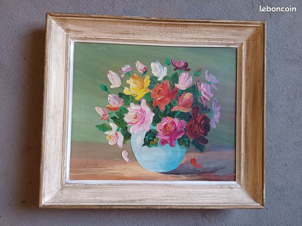 Tableau bouquet de fleur - encadré signé - Huile sur toile