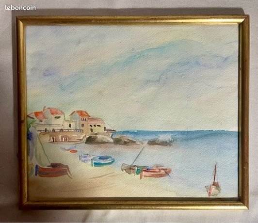 Tableau Aquarelle ancienne, Paysage, Marine, Port, Tableau encadré