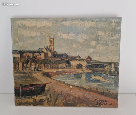 Huile sur toile 1962 paysage marin 10F vue de Nevers tableau ancien signé