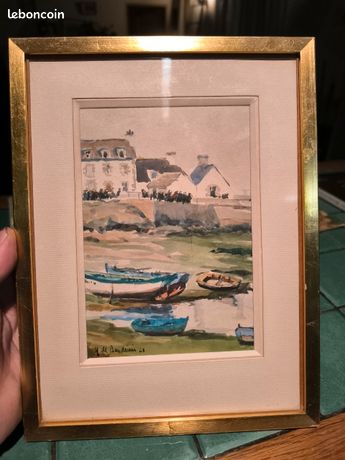 Aquarelle signée – paysage marin / barques (1968) – encadrée