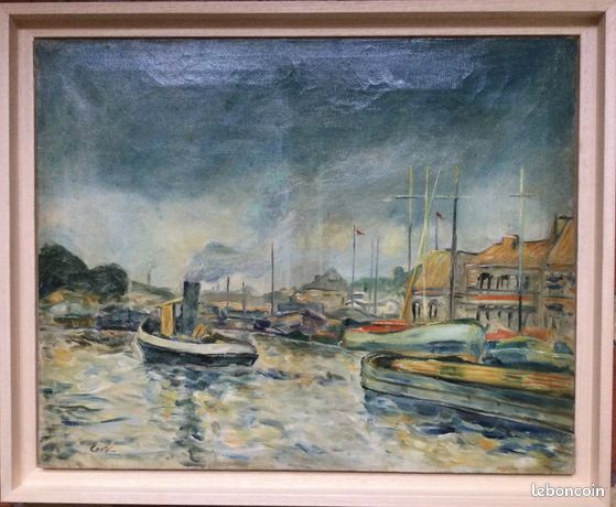 CORTE,actif début XXe.Le port fluvial.C.1930.Huile sur toile.SBG.40x50.Cadre