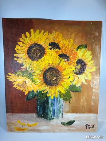 Peinture huile sur panneau – Bouquet de tournesols F. Perrot