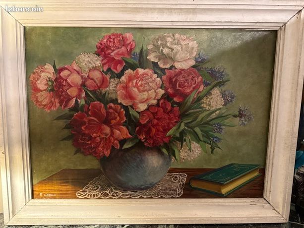 Très joli bouquet de pivoines, huile sur Panneau signée