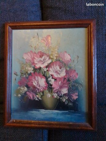 Tableau peinture huile fleur rose blanche 24cm 28cm