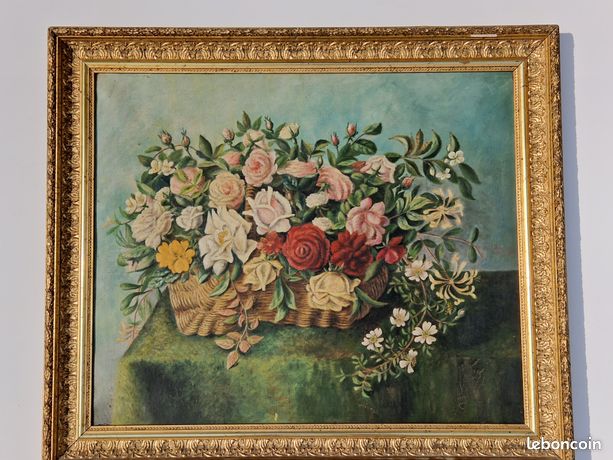 Grande huile sur toile 1898 nature morte 15F bouquets de fleurs XIX tableau ancien signé encadré pei