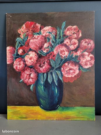 Tableau huile sur carton - bouquet de pivoines