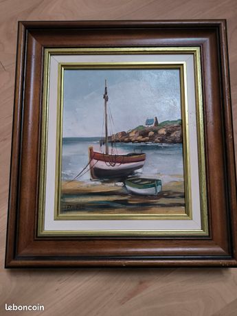 Tableau marin signé "L. Joufle" ou autre – Huile sur toile – Bateaux au bord de mer