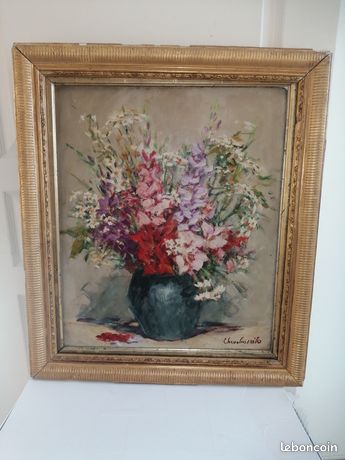 Chevalier Milo Tableau bouquet de fleurs Huile signé cadre d'origine doré