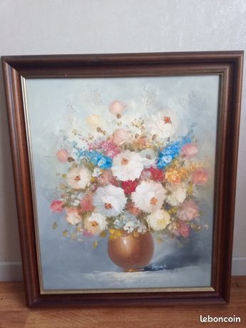 Tableau toile huile bouquet de fleurs signé Frédérick