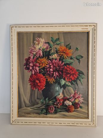 Grand tableau ancien huile sur panneau 15F nature morte bouquet de fleurs signé encadré peinture