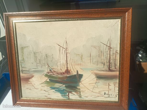 Peinture à l'huile paysage marin port voilier signée José Ragües