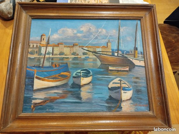 Tableau ancien signé Dimouro – Port méditerranéen – Huile sur toile