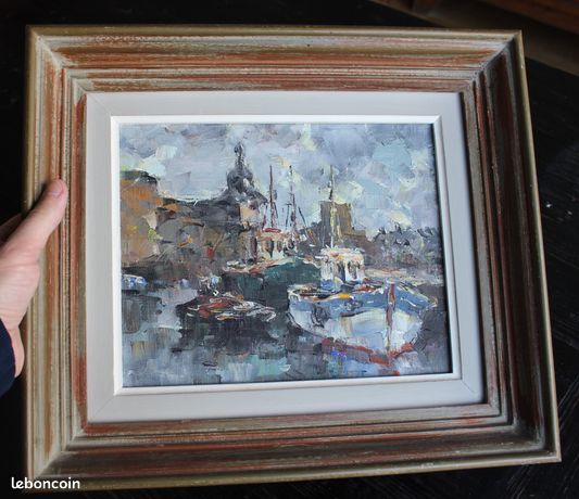 Ancien tableau hst huile sur toile le toullec concarneau port de peche bretagne