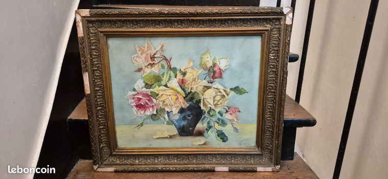 Tableau Ancien Bouquet de Fleurs Aquarelle 1920 Signée Raison