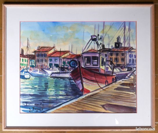 Grand tableau aquarelle de Gérard Fagard (1938-2021): la Flotte en Ré