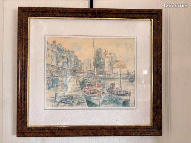 Ancien Tableau Aquarelle Port Pêche Bateau Marine