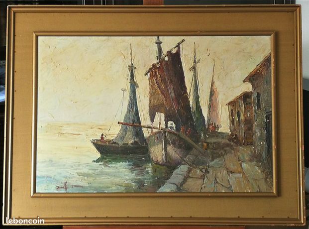 MARINE Animée : NAVIRES A QUAI HUILE sur TOILE 76 x 56 cm