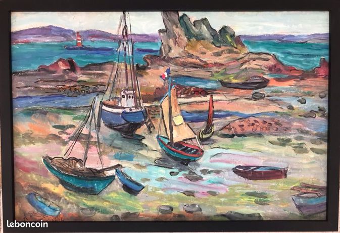 Andrée Clara BAC,1896-?Bretagne à marée basse,1960.Gouache.SBG.30x45.Cadre