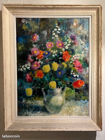 Bouquet de fleurs / Peinture à l'huile, encadrée
