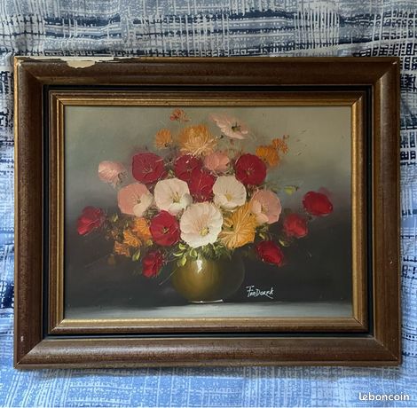 Tableau fleurs signé Frederick – toile ancienne avec cadre abîmé