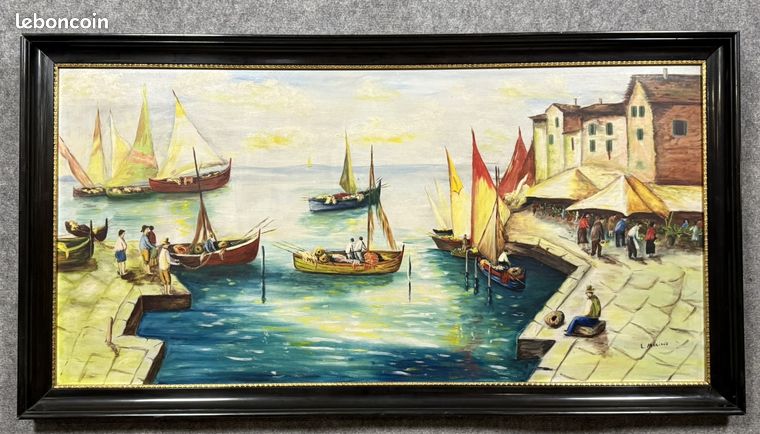 L. Moriaux vers 1940 : grand tableau huile sur isorel paysage portuaire animé