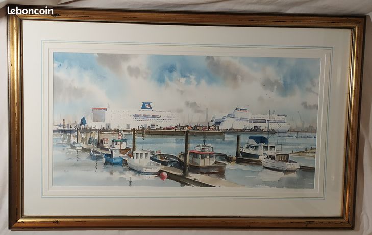 Aquarelle toile dessin peinture signé cadre tableau oeuvre Grande 54x87 horizontale bords de mer fer