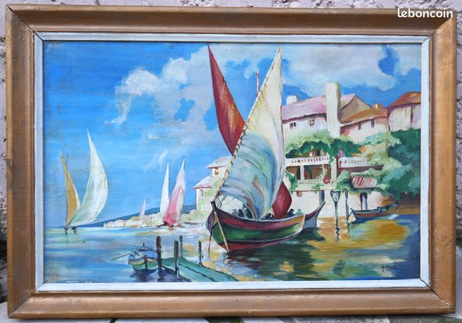 Grand tableau signé Roux: bateau de pêche à Martigues, Provence