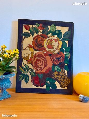 Tableau en bois - signé - sculpté en relief et peint (années 40–60)