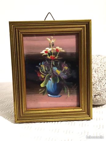 Tableau peinture à l'huile sur bois vitre verre vintage