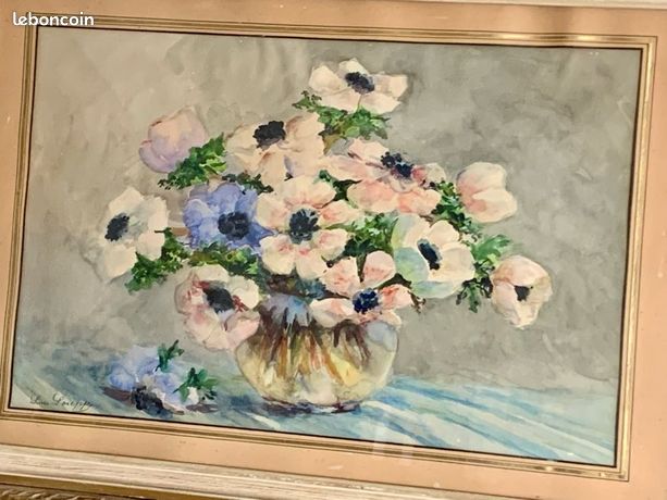 Tableau - Superbe bouquet d’anémones / aquarelle signée Lucie Louppe / TBE