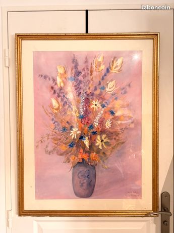 Ancien Tableau Peinture Dessin Pastel Encadré Sous Verre Nature Morte Bouquet Rose Fleurs Violet Dor