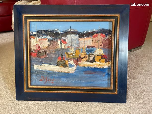 Tableau toile huile Jean Sardi 1947 Chaluts devant le Port