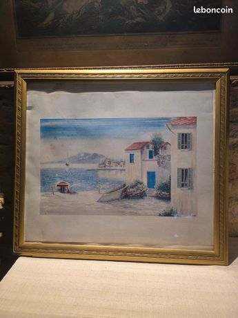 Tableau Vintage – Paysage Méditerranéen – Aquarelle (Lithographie)