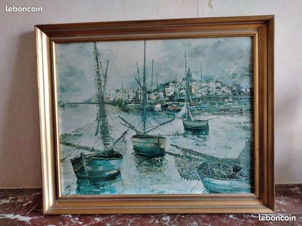 Tableau cadre doré - Bord de mer et bâteaux