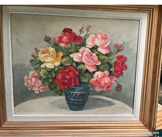 Élégante peinture signée ML ROYER – Bouquet de roses colorées